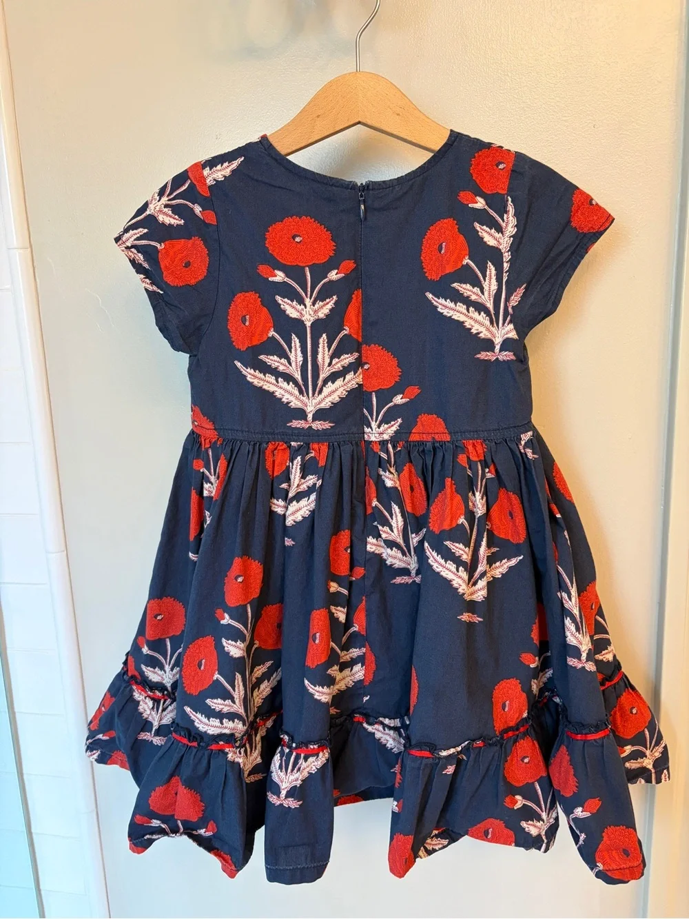 Pink Chicken Navy Dress with Red Floral Embroidery